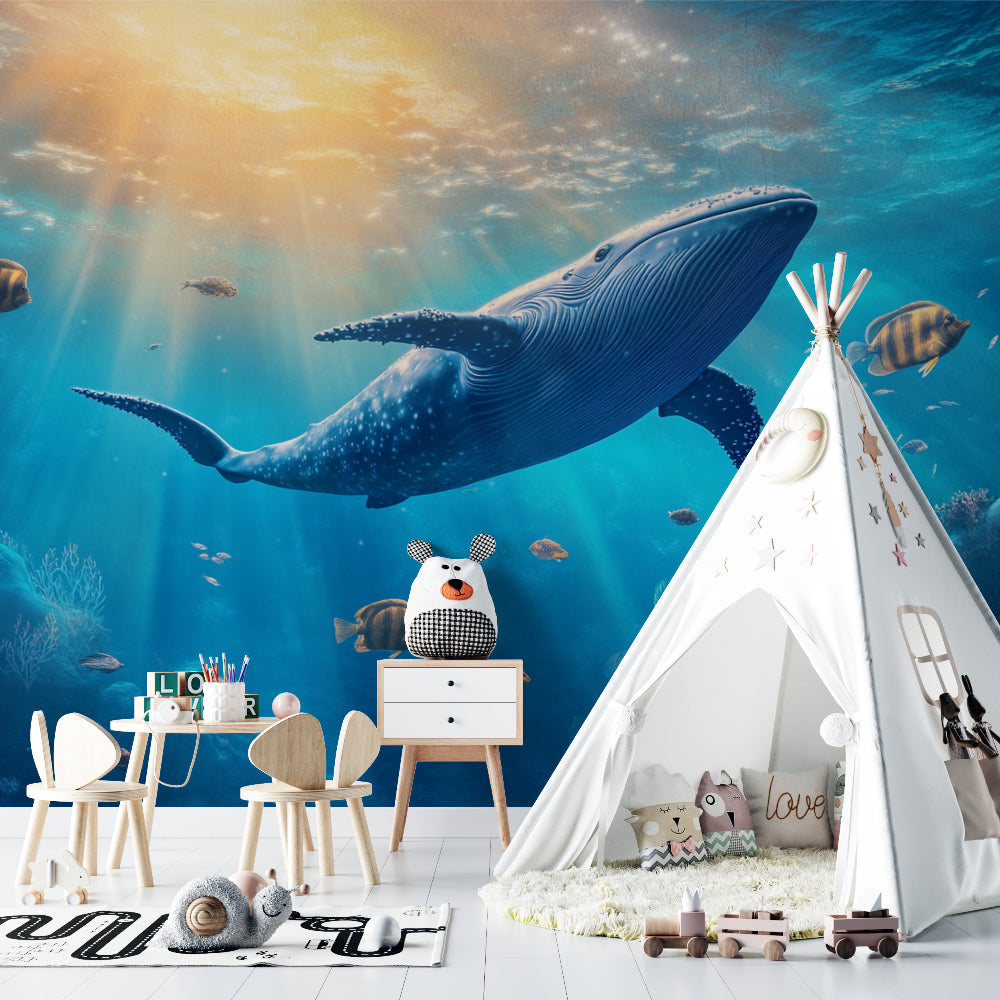 Underwater whale mural transforming a play area into an ocean adventure zone