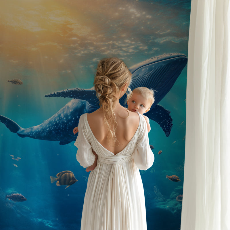 Marine life wallpaper featuring blue whale in a peaceful home office setting
