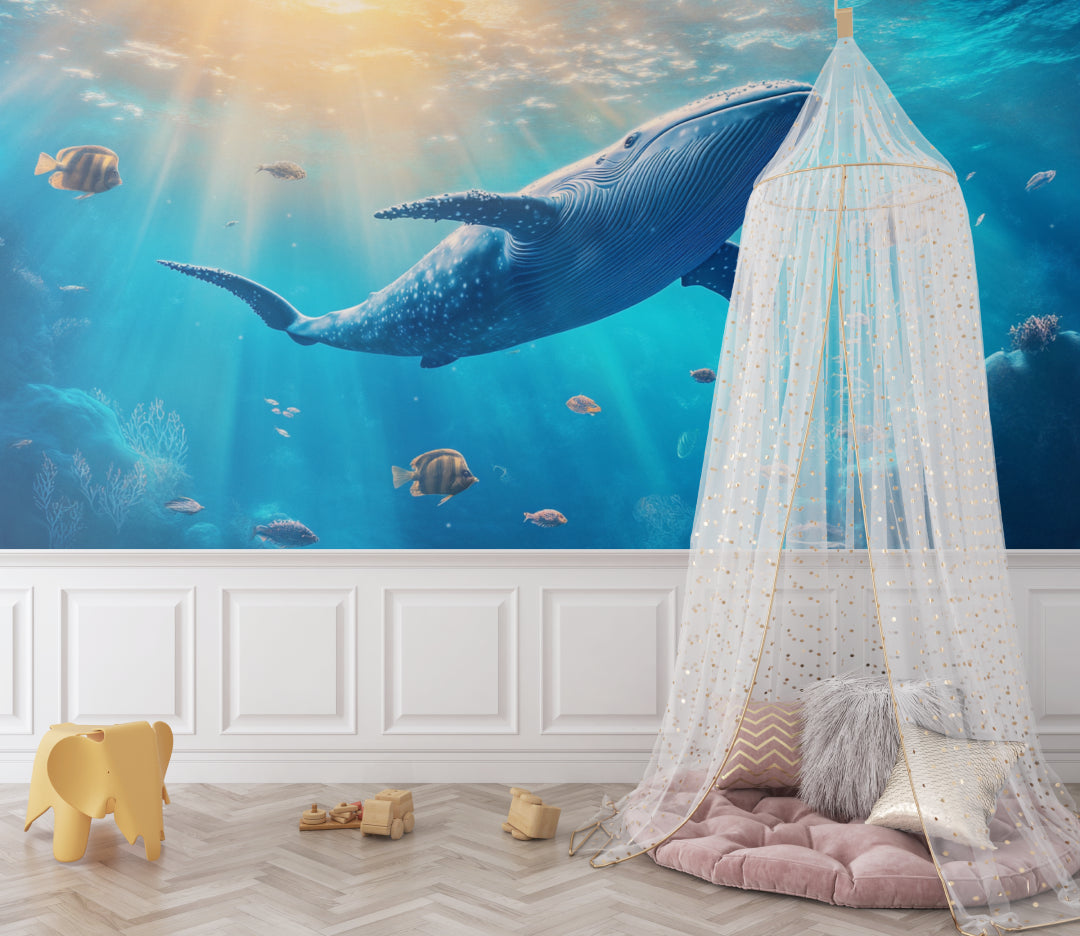 Ocean themed wall mural showcasing gentle whale in a reading nook