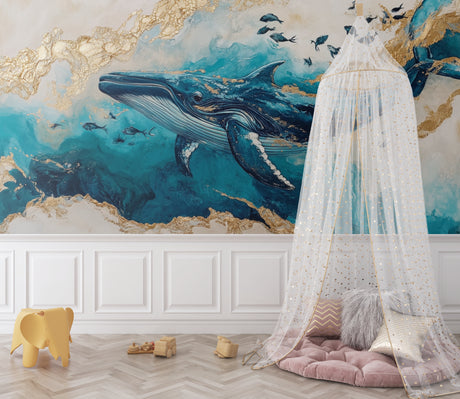 Ocean Whale Mural transforms modern living room with soft blue tones and golden accents