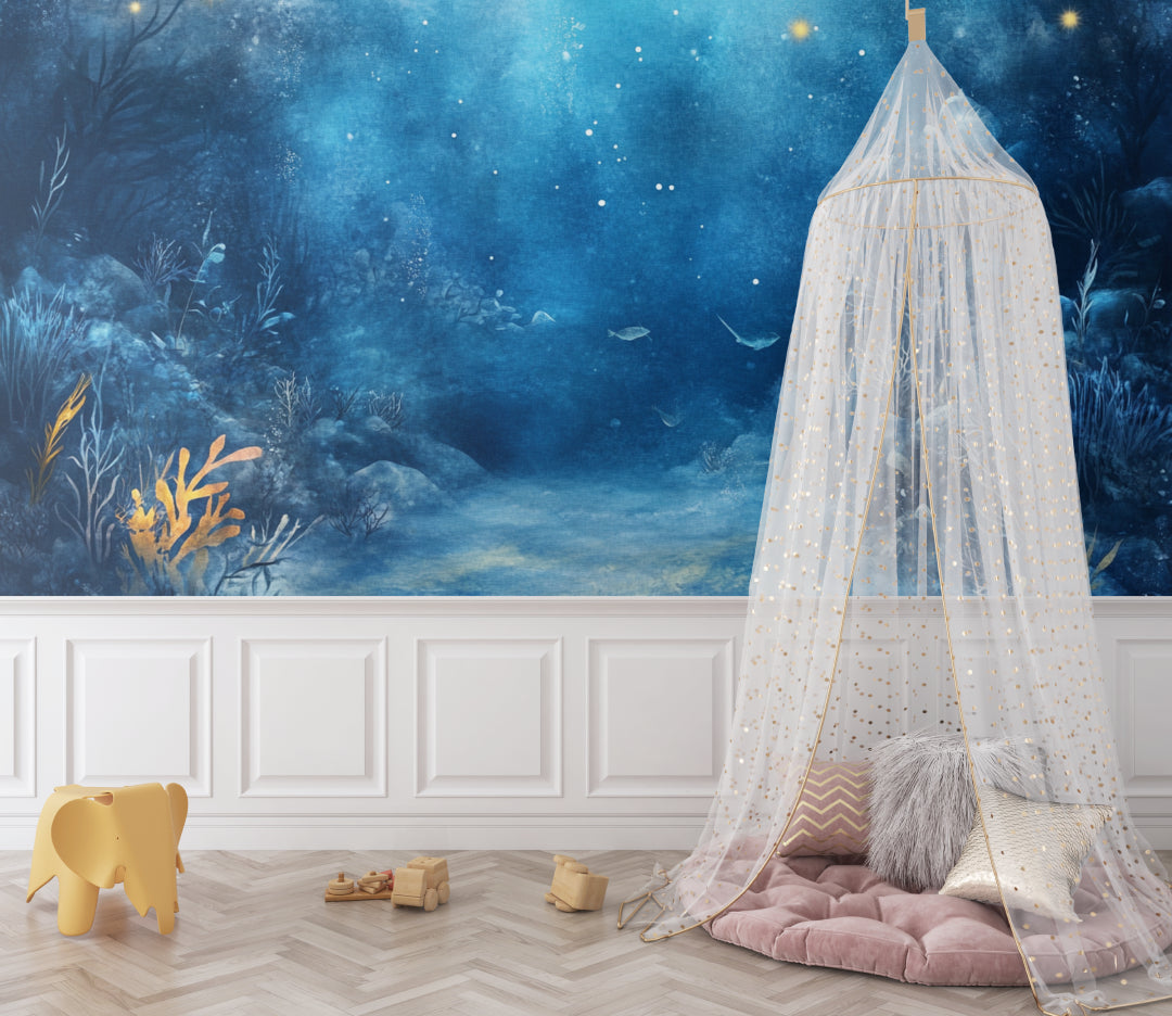 Underwater wallpaper transforming modern living room with deep sea night scene