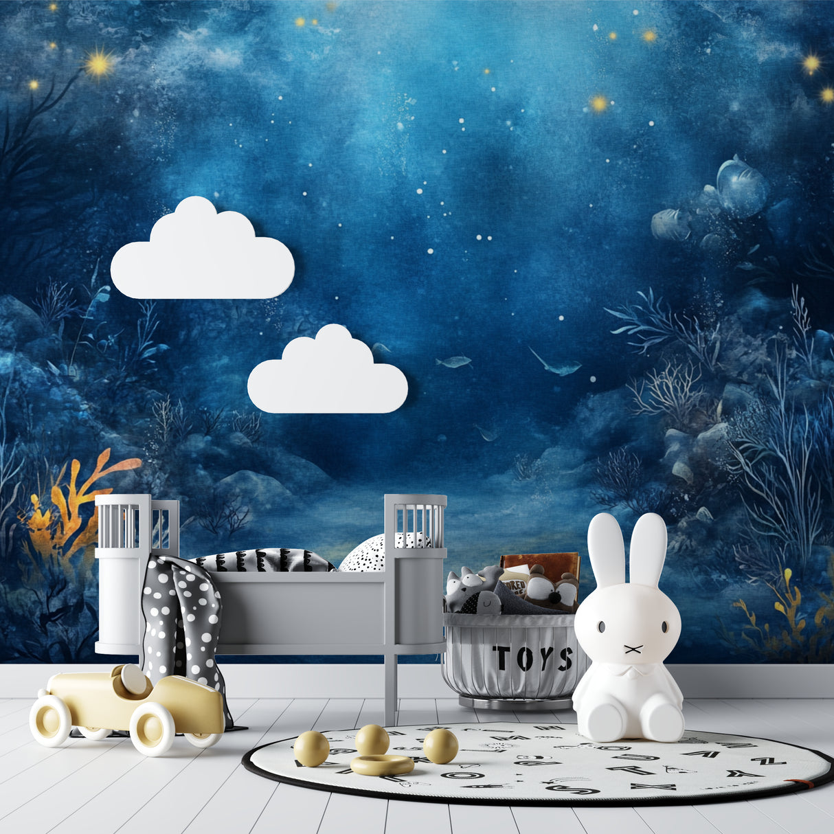 Deep sea mural adding magic to reading nook with golden light effects