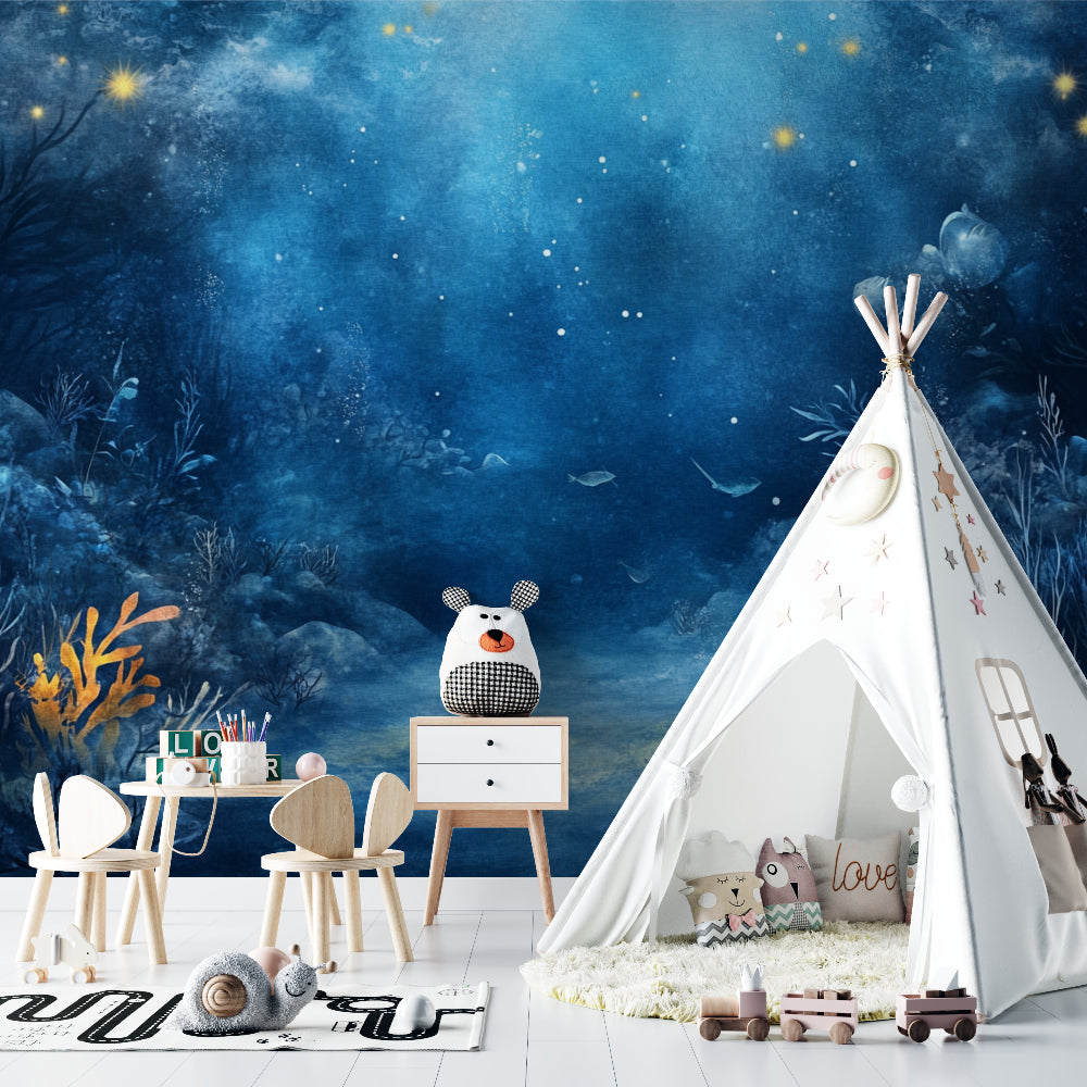 Ocean wallpaper bringing calm to meditation room with night sea elements