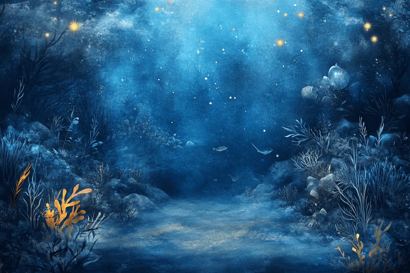 Design file of mystical ocean night scene with golden lights and marine elements