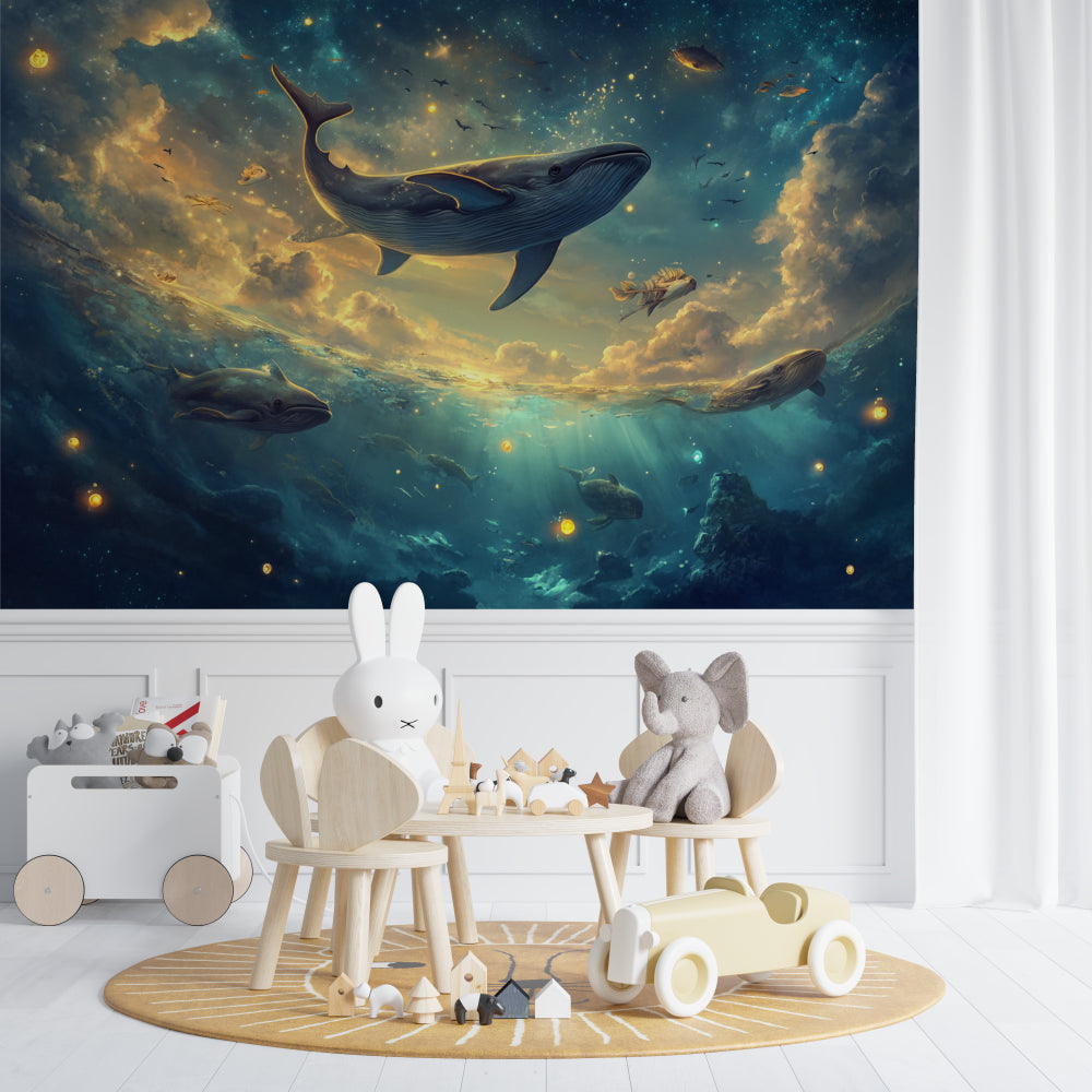 Ocean fantasy whale wallpaper creating a magical atmosphere in a modern living room with blue accents