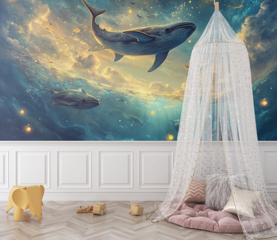Mystical whale mural wallpaper in a cozy bedroom setting with soft lighting