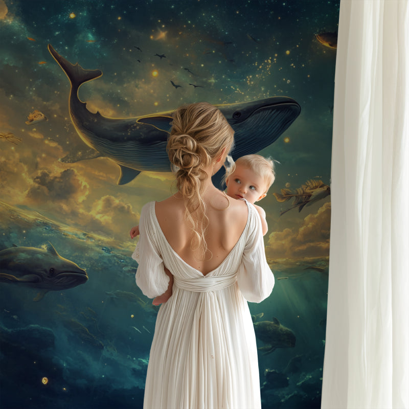 Marine wall mural transforming a child's bedroom into an underwater wonderland