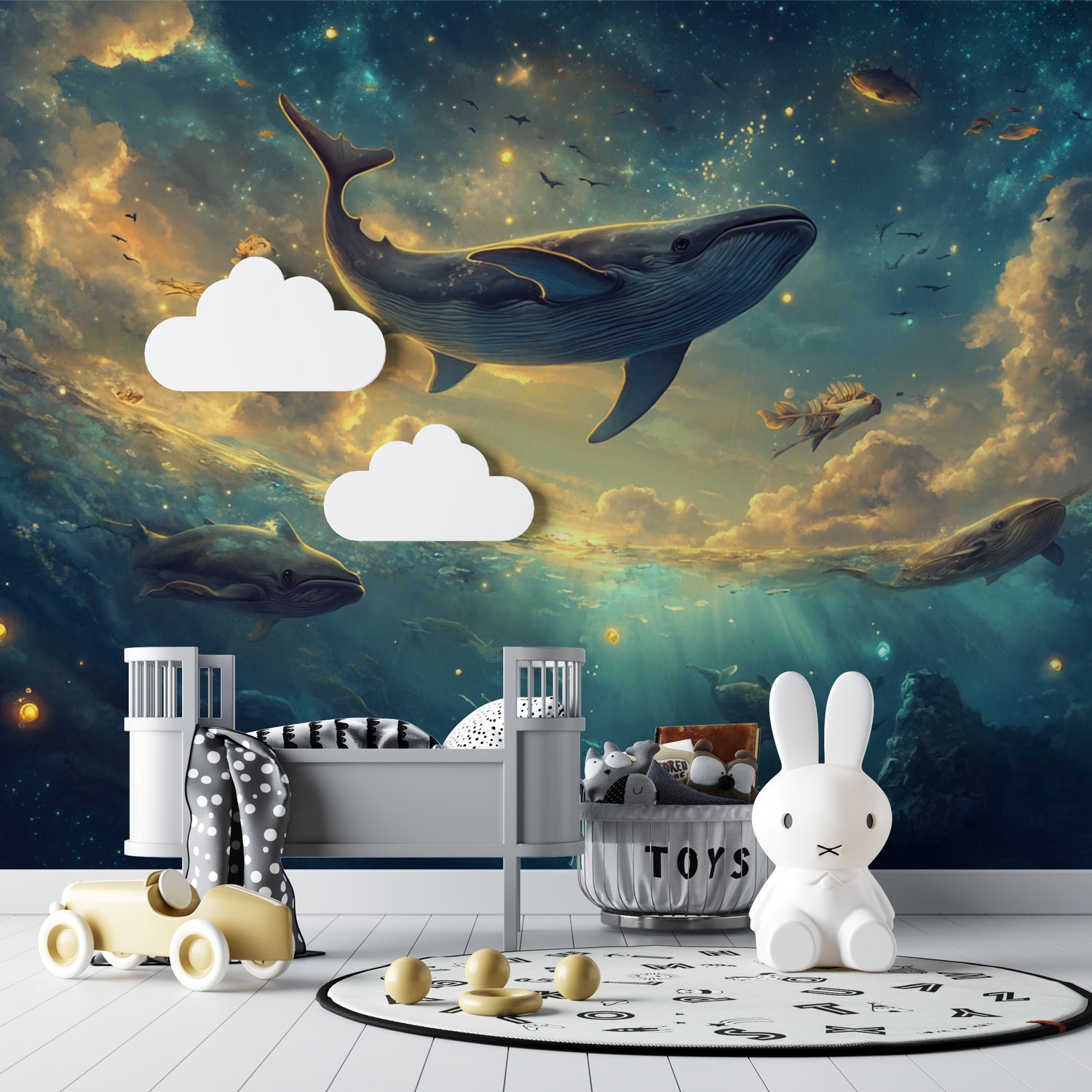 Starlit whale wallpaper adding depth to a minimalist dining room space