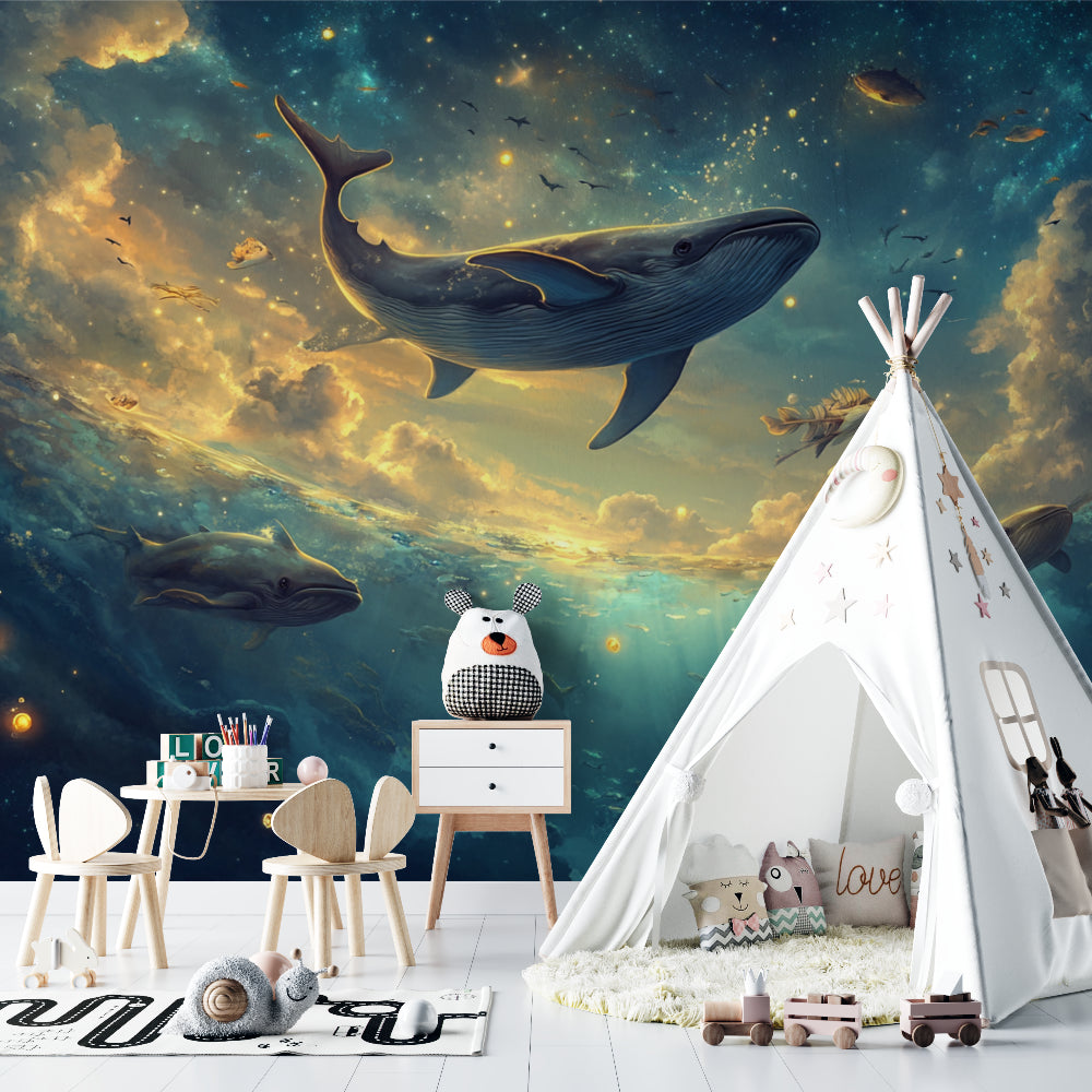 Ocean themed wallpaper creating a calming atmosphere in a home office
