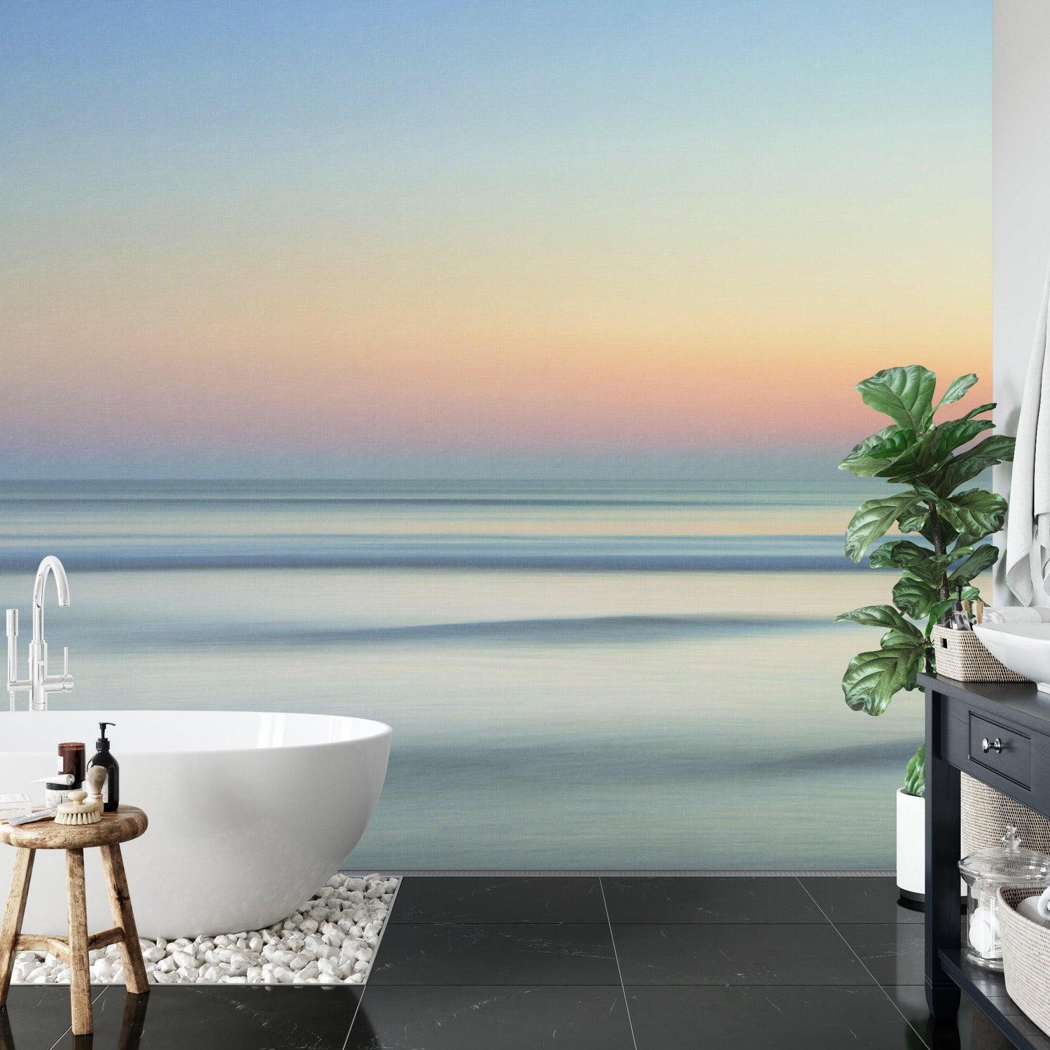 Pastel seascape mural adding depth to a cozy bedroom with natural light