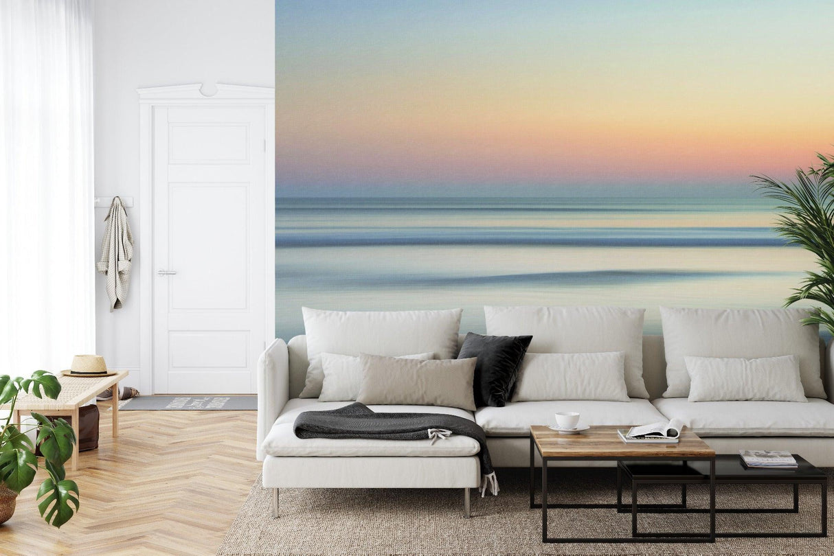 Beach horizon wallpaper transforming a home office with soft coastal colors
