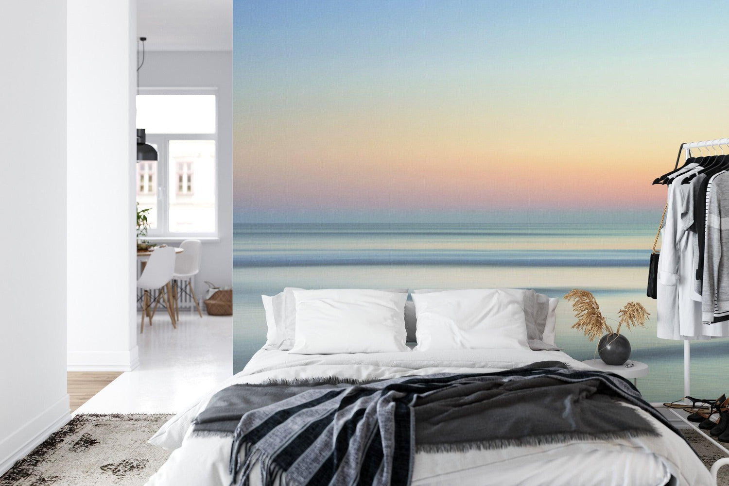 Ocean wall mural bringing serene vibes to a dining room setting
