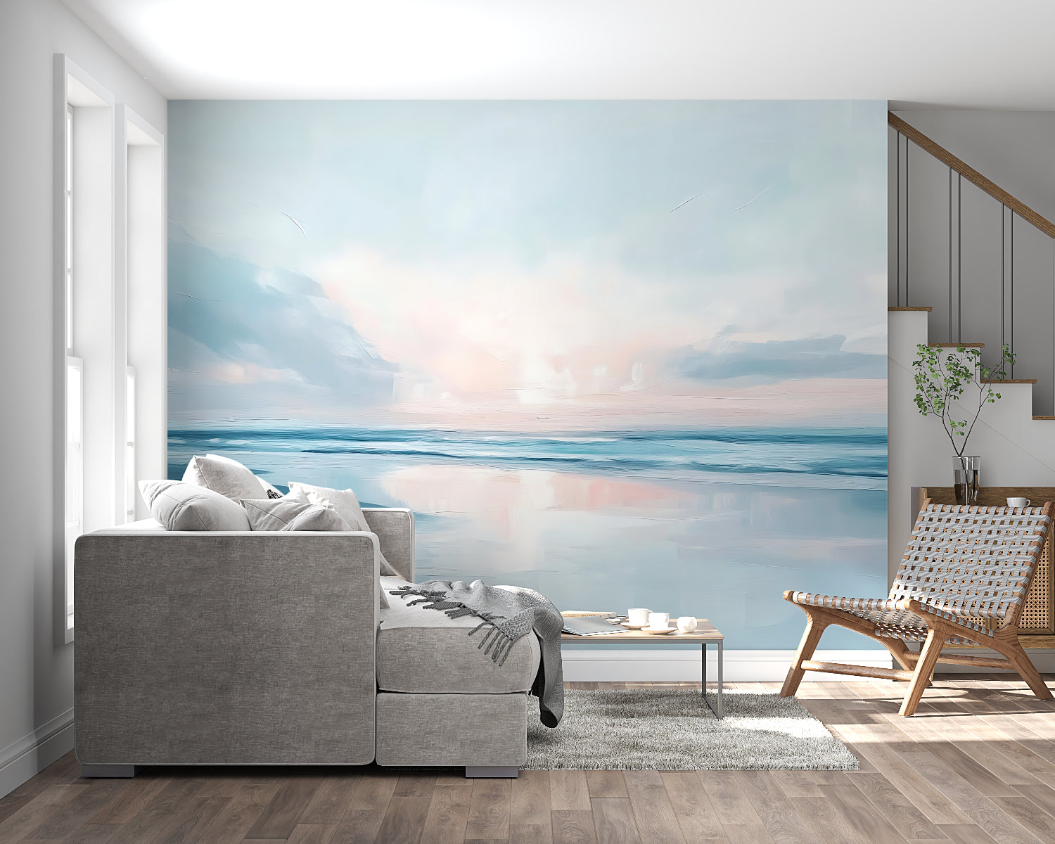 Ocean wall mural brightening a dining room with soft pastel colors