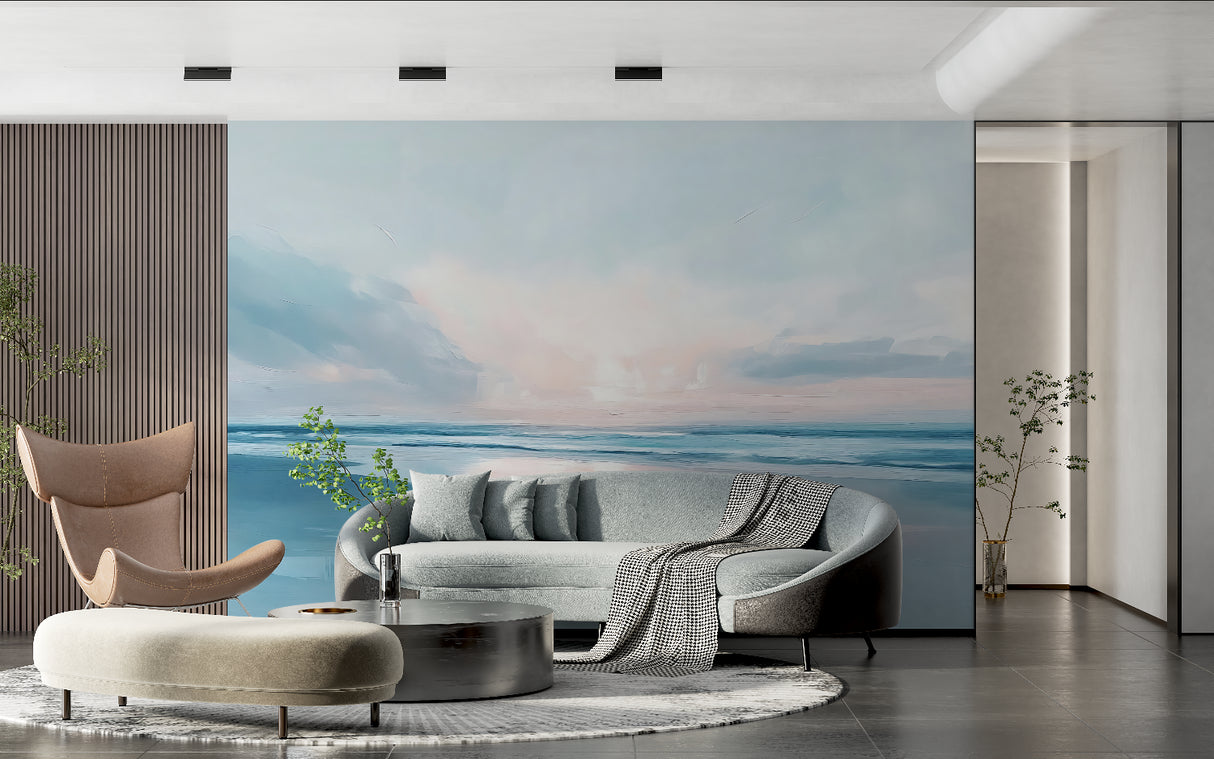 Ocean themed wallpaper creating a calming atmosphere in a bathroom