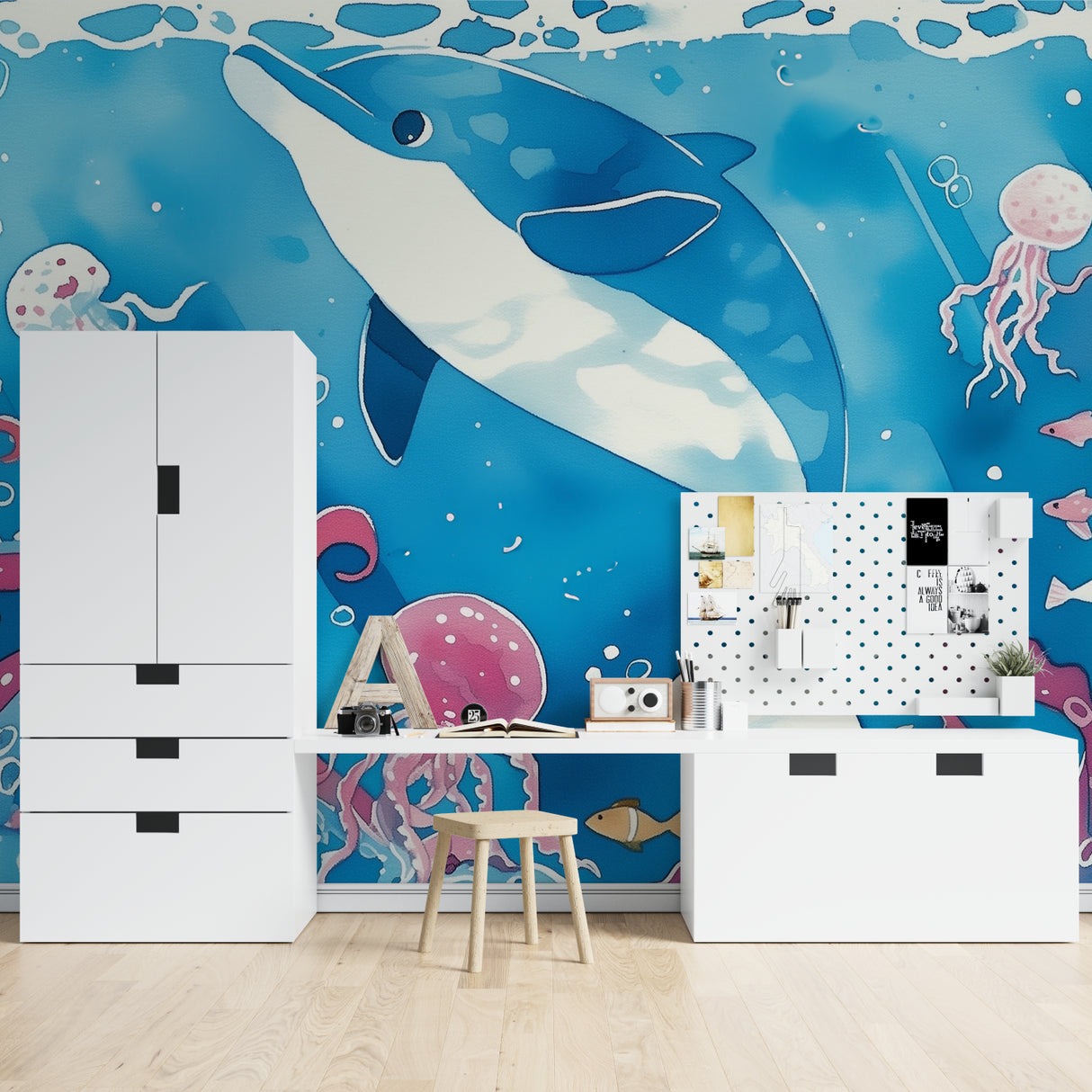 Playful dolphin wallpaper bringing ocean vibes to a modern nursery space