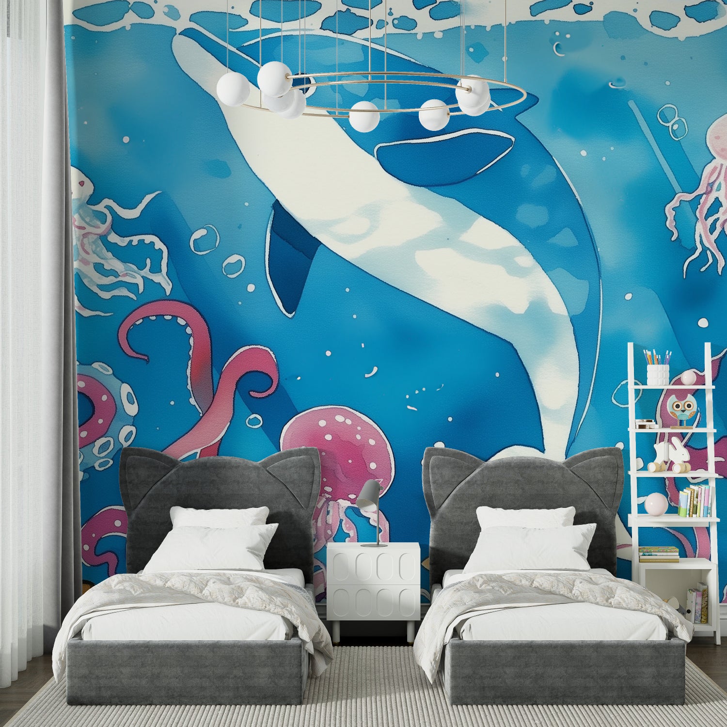 Marine themed wallpaper transforming a bathroom into an underwater paradise