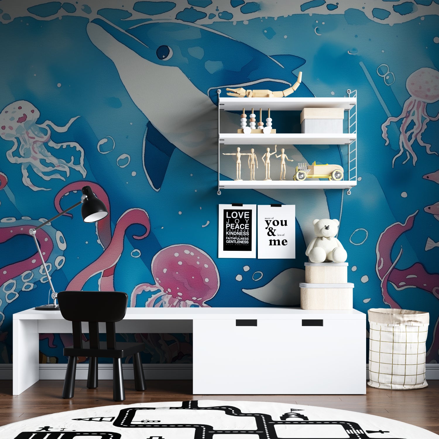 Sea life wallpaper adding magic to a coastal-style playroom setting