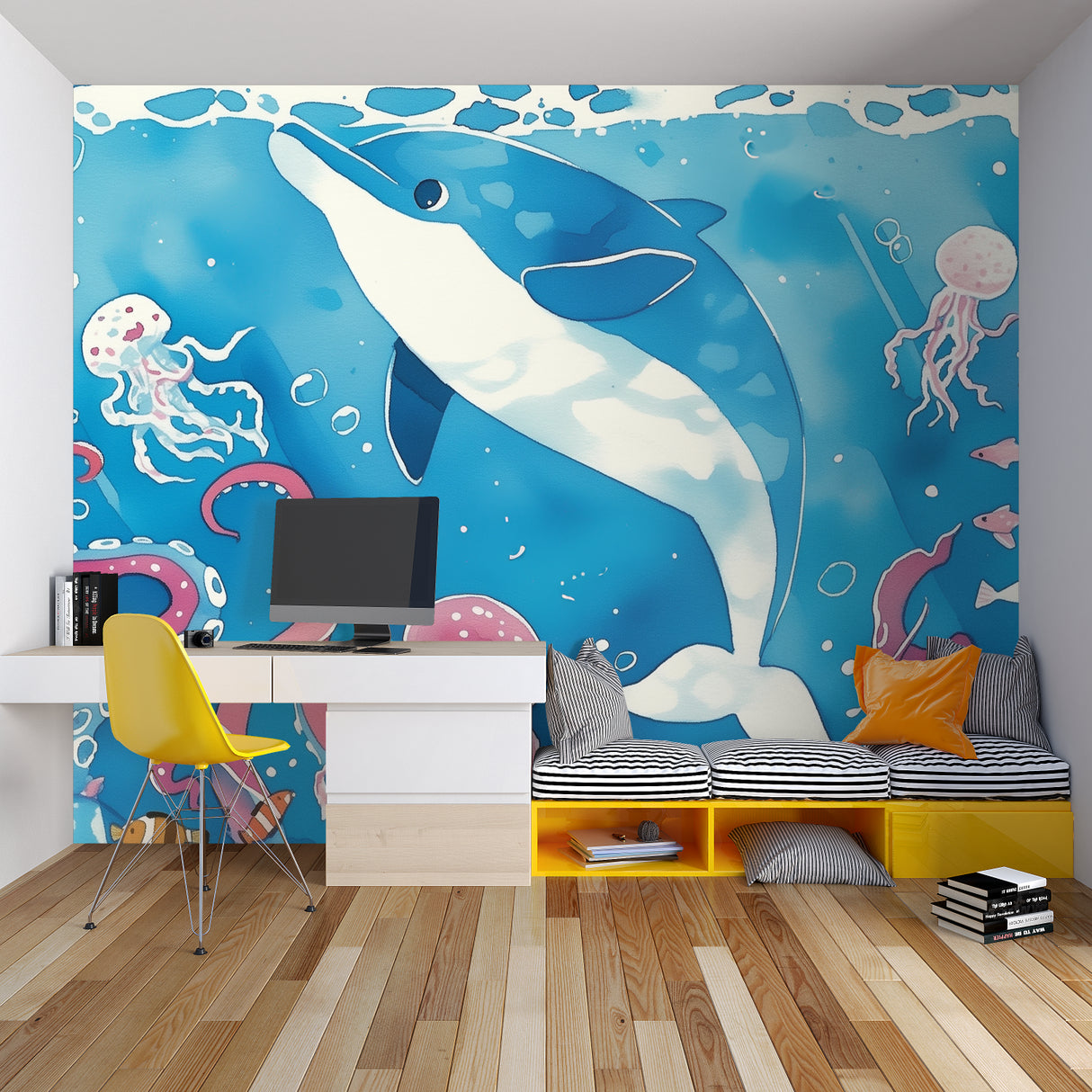 Underwater mural bringing ocean charm to a reading nook corner