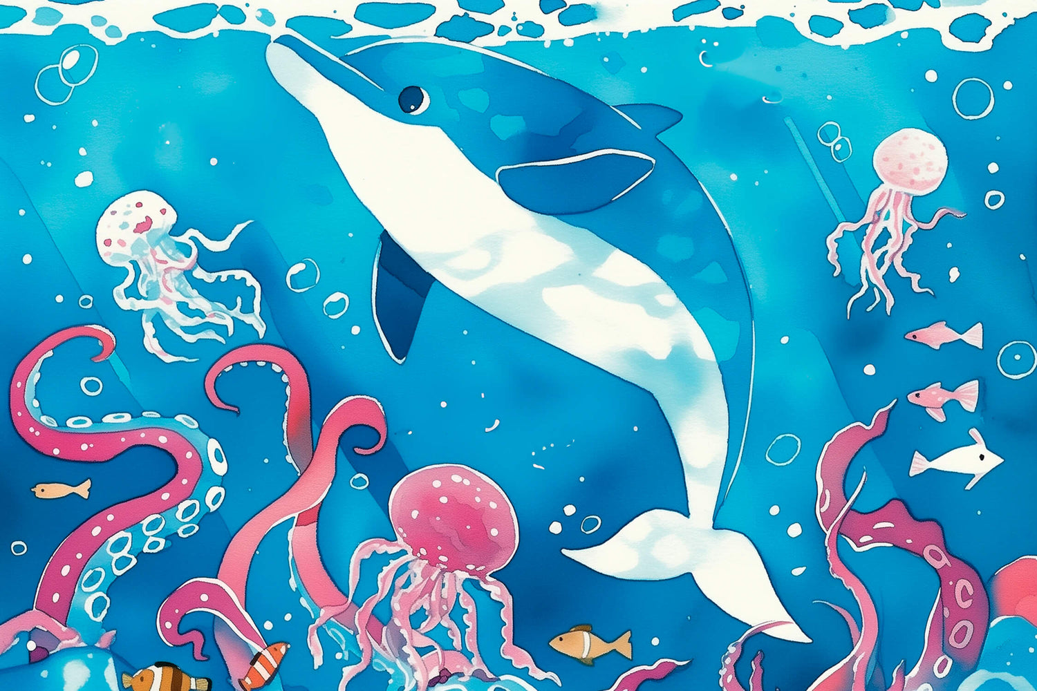 Design file of Ocean life wallpaper with playful dolphin and watercolor sea creatures