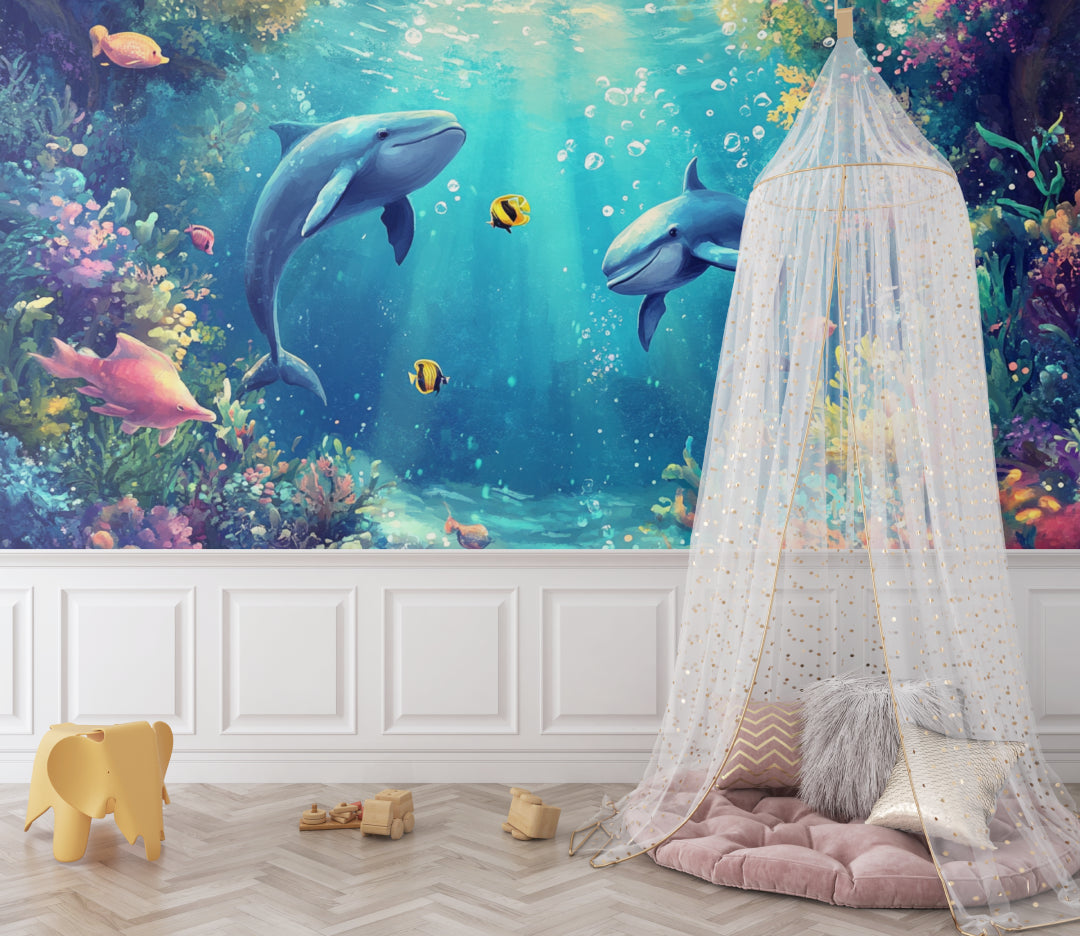 Dolphin wall mural adding depth to a coastal-style living room with natural light