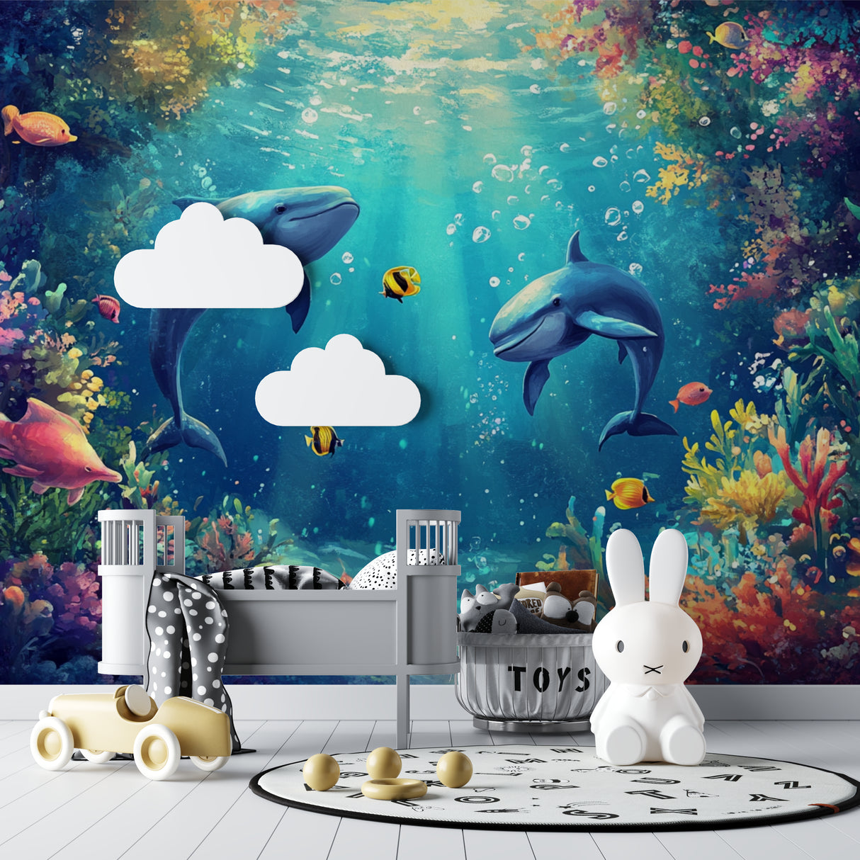 Marine life wallpaper bringing joy to a playroom with vibrant coral reef scene