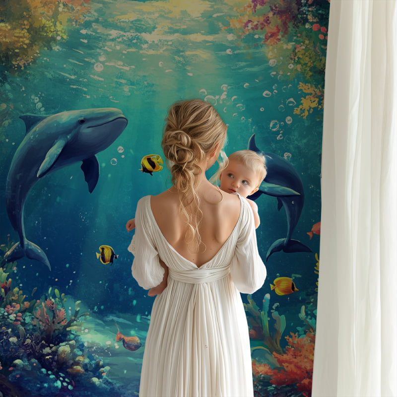Ocean theme wallpaper creating a peaceful atmosphere in a home office space