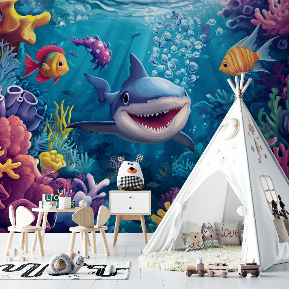 Underwater shark wallpaper creating depth in playroom setting with natural lighting