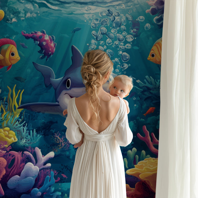 Marine life wall mural brightening nursery space with friendly shark and coral design