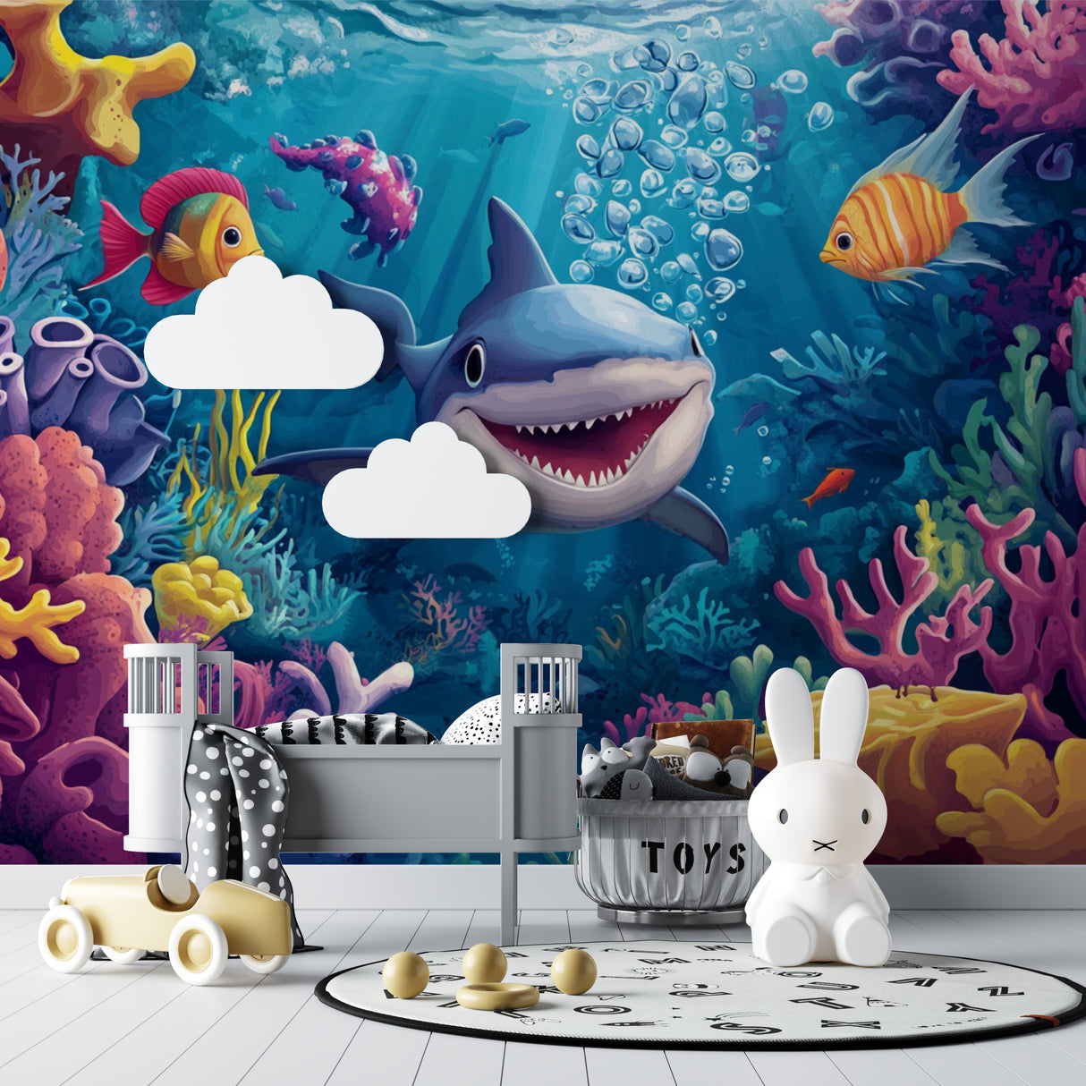 Ocean themed wallpaper in study room showing vibrant coral reef details