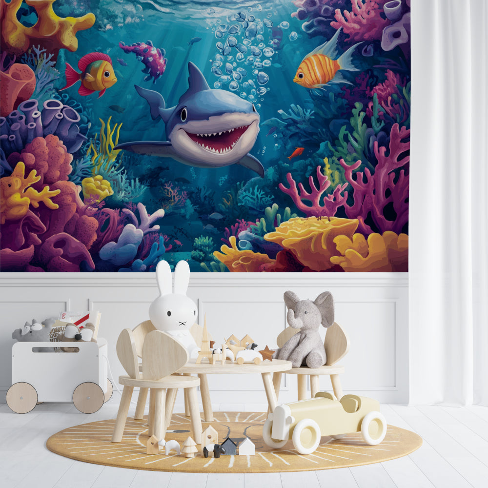 Shark wallpaper mural bringing underwater adventure to bedroom accent wall