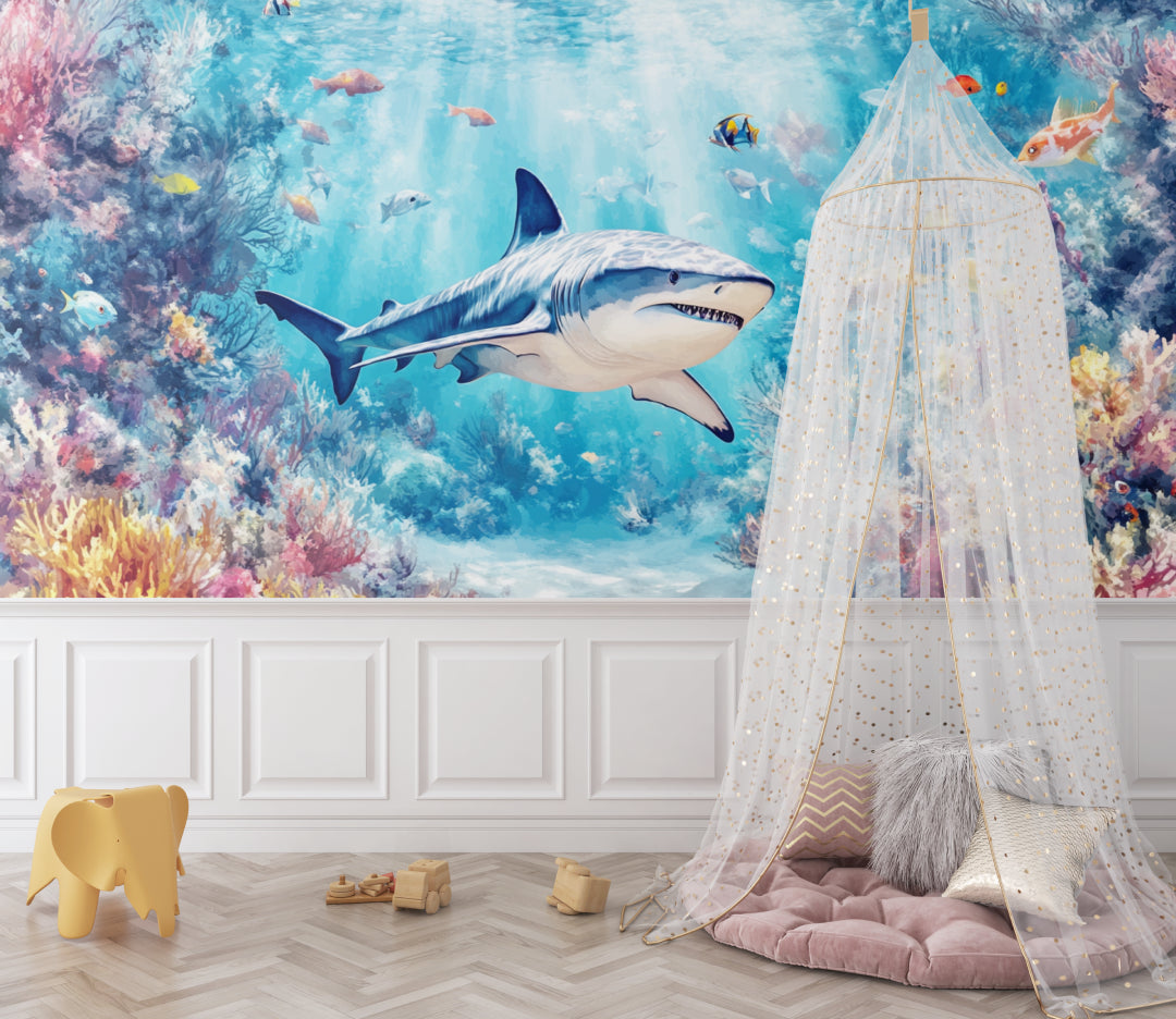 Ocean shark wall mural displayed in kid's bedroom with blue lighting effects