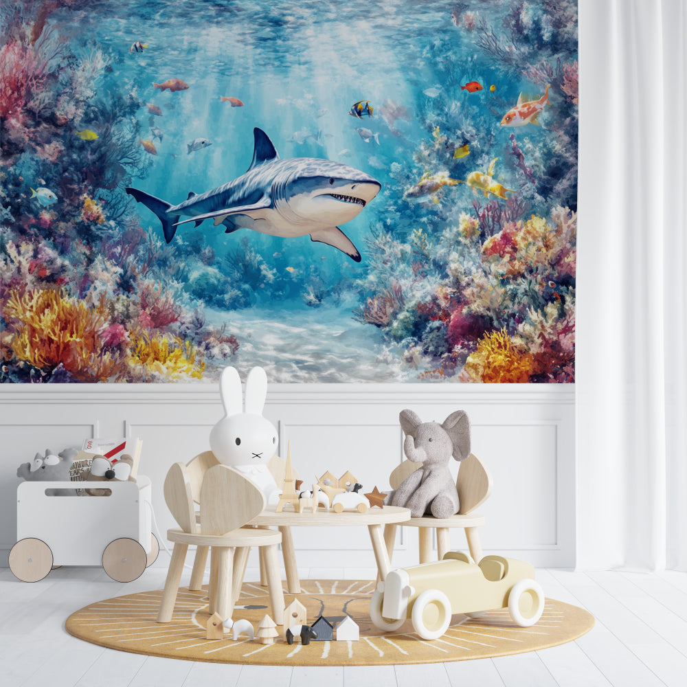 Underwater shark scene wallpaper in home office showing scale and detail