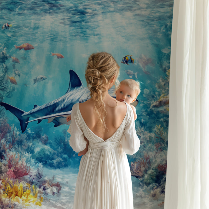 Shark mural wallpaper bringing ocean depths to dining room space