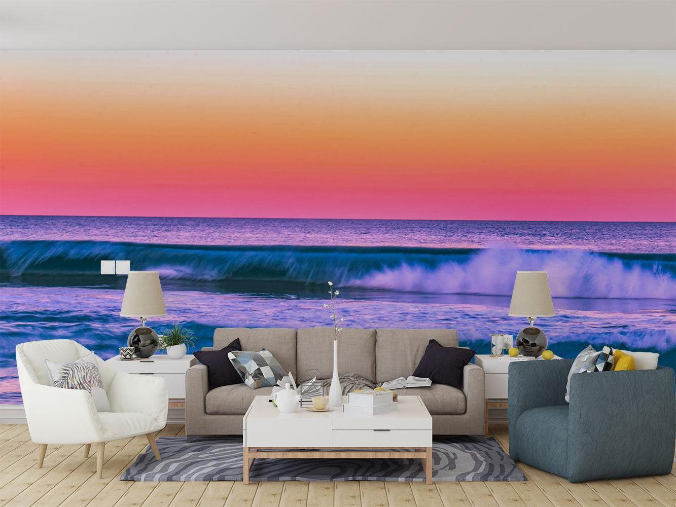 Beach wave mural bringing coastal vibes to master bedroom wall