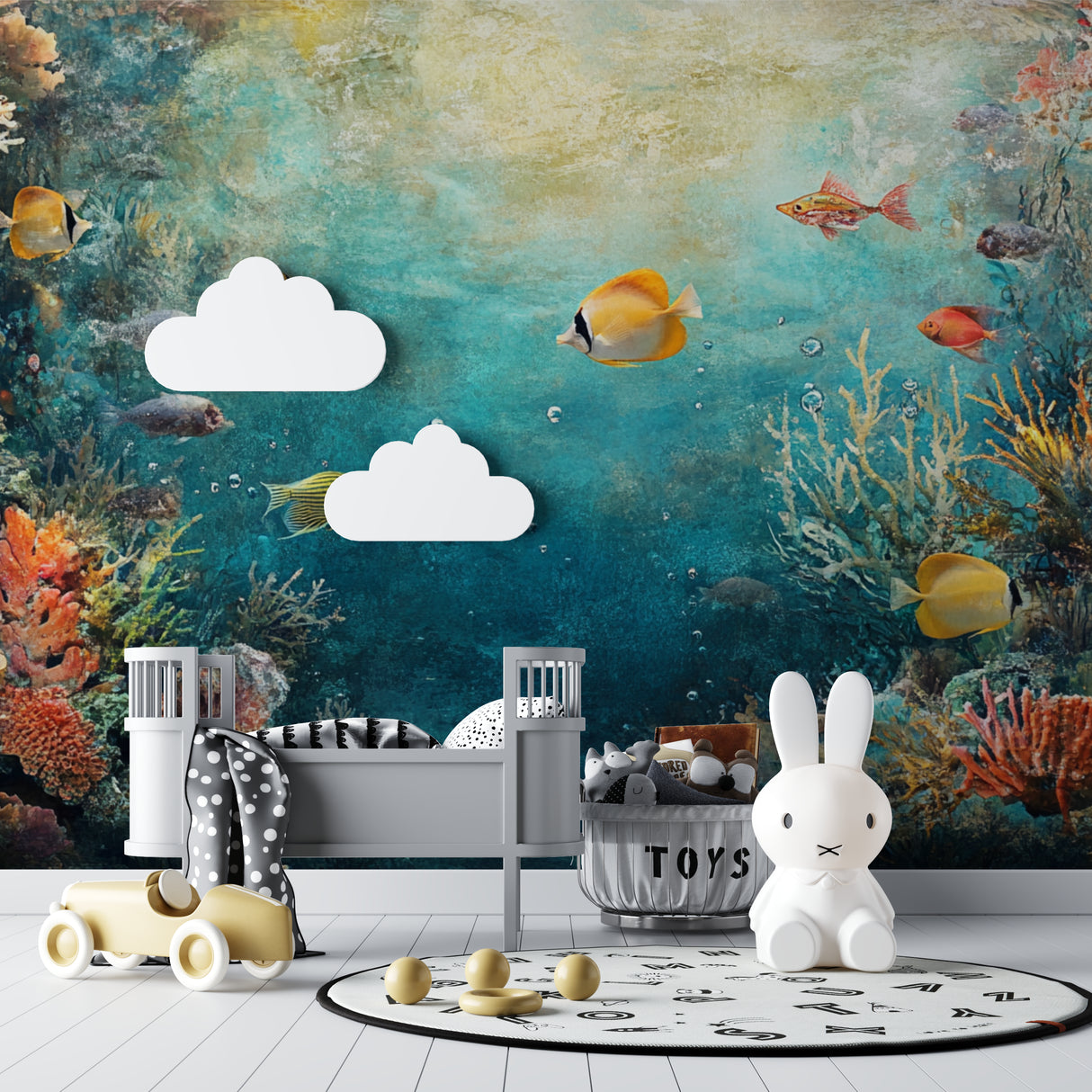 Kids bedroom featuring ocean wallpaper with swimming fish and coral reef, creating magical underwater atmosphere