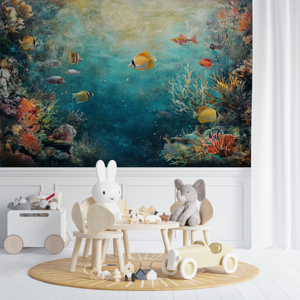 Bathroom enhanced with tropical fish wallpaper mural showing colorful marine life and bubbles
