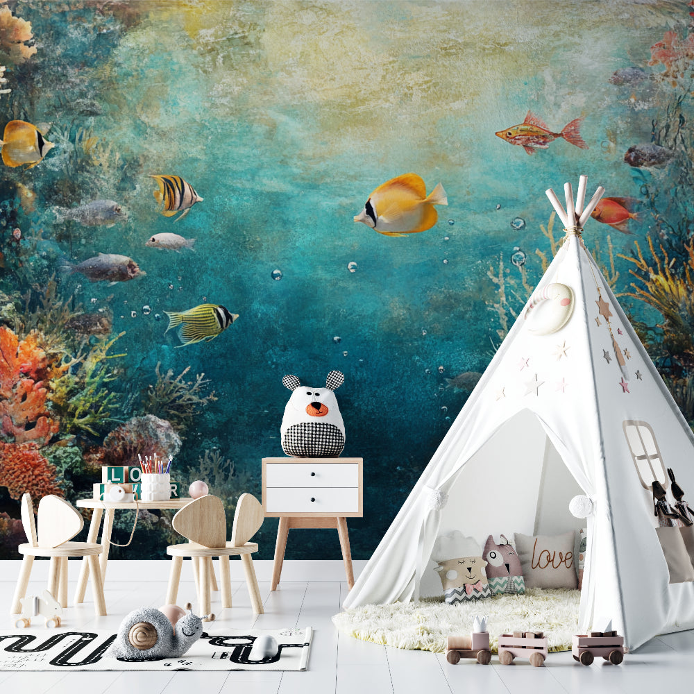 Ocean themed playroom with coral reef wallpaper bringing underwater adventure to life