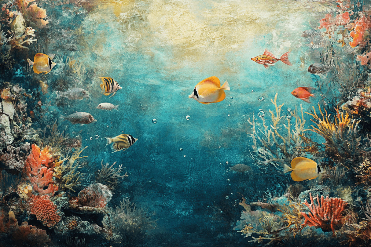 Design file showing detailed coral reef pattern with tropical fish in turquoise waters