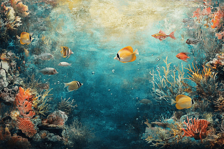 Design file showing detailed coral reef pattern with tropical fish in turquoise waters