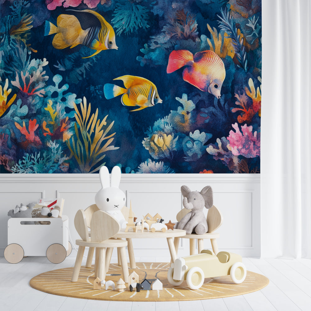 Ocean mural wallpaper bringing underwater magic to a modern living room with coral and tropical fish