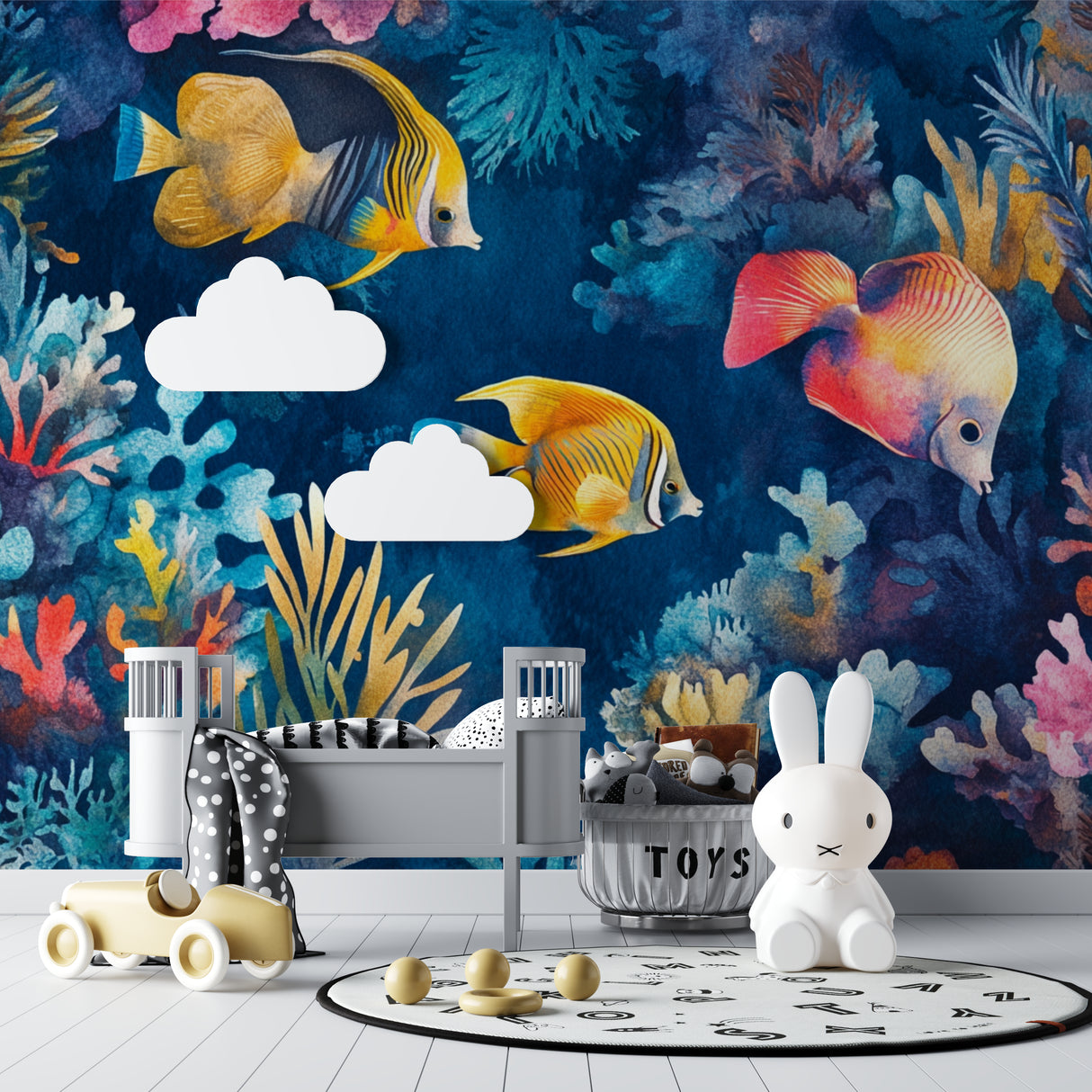 Tropical fish wallpaper creating depth in a kids bedroom with blue coral reef scene