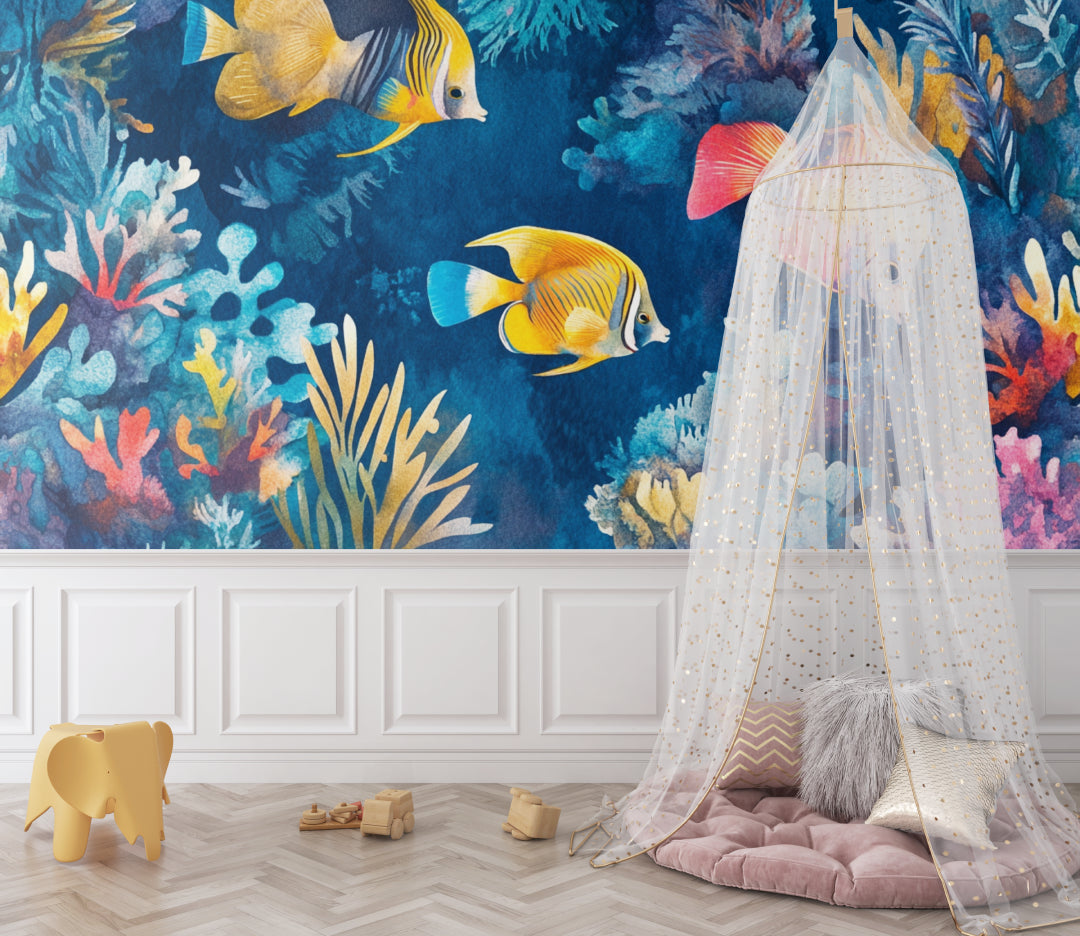 Underwater mural wallpaper transforming a bathroom into an ocean paradise