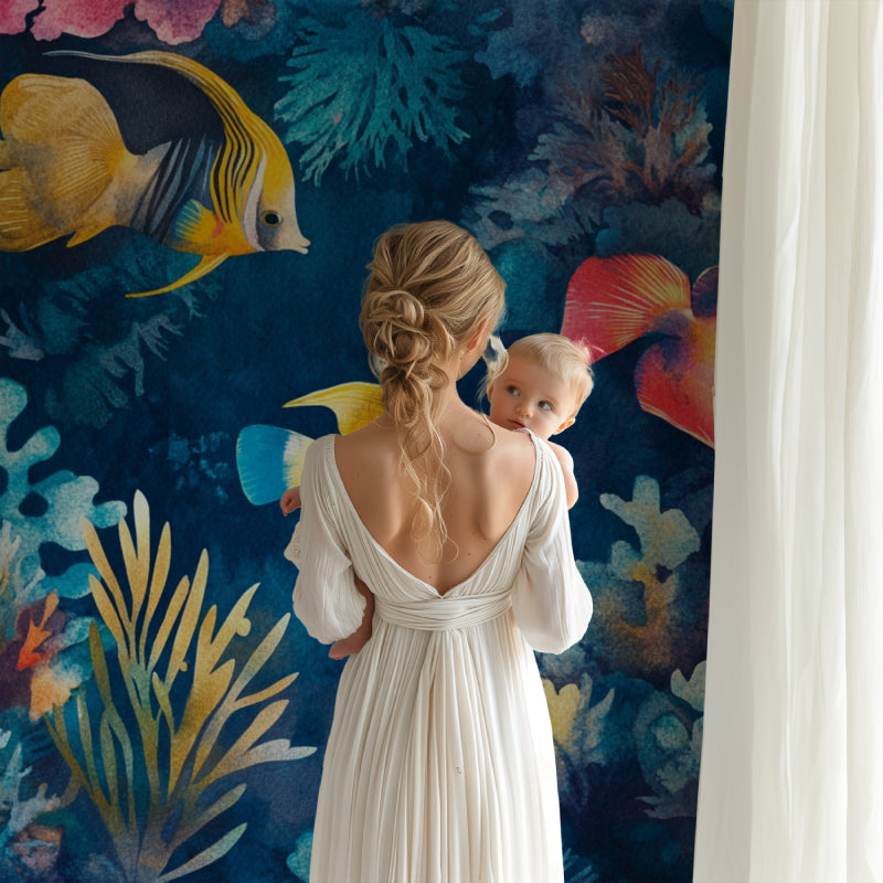 Ocean themed wallpaper making a statement in a dining room with vibrant coral colors