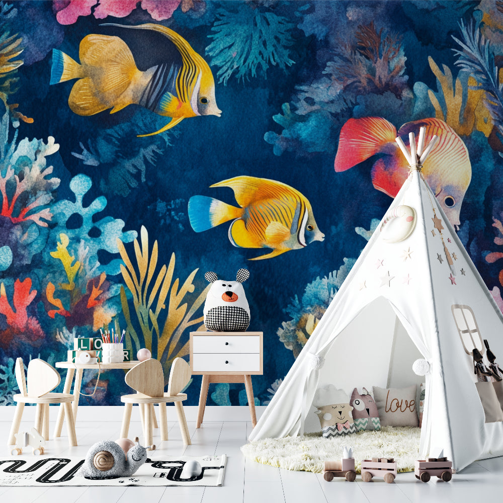 Coral reef wallpaper adding life to a home office with swimming tropical fish