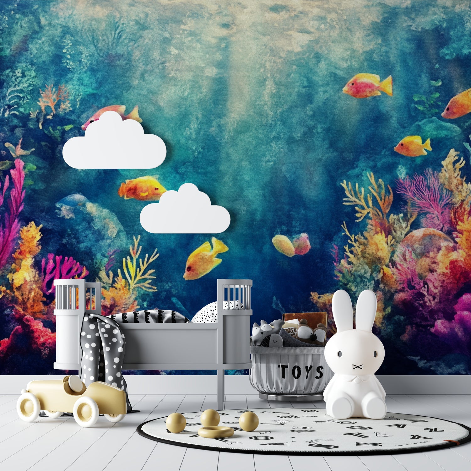 Tropical fish wallpaper brightening kids bedroom with vibrant coral reef scene