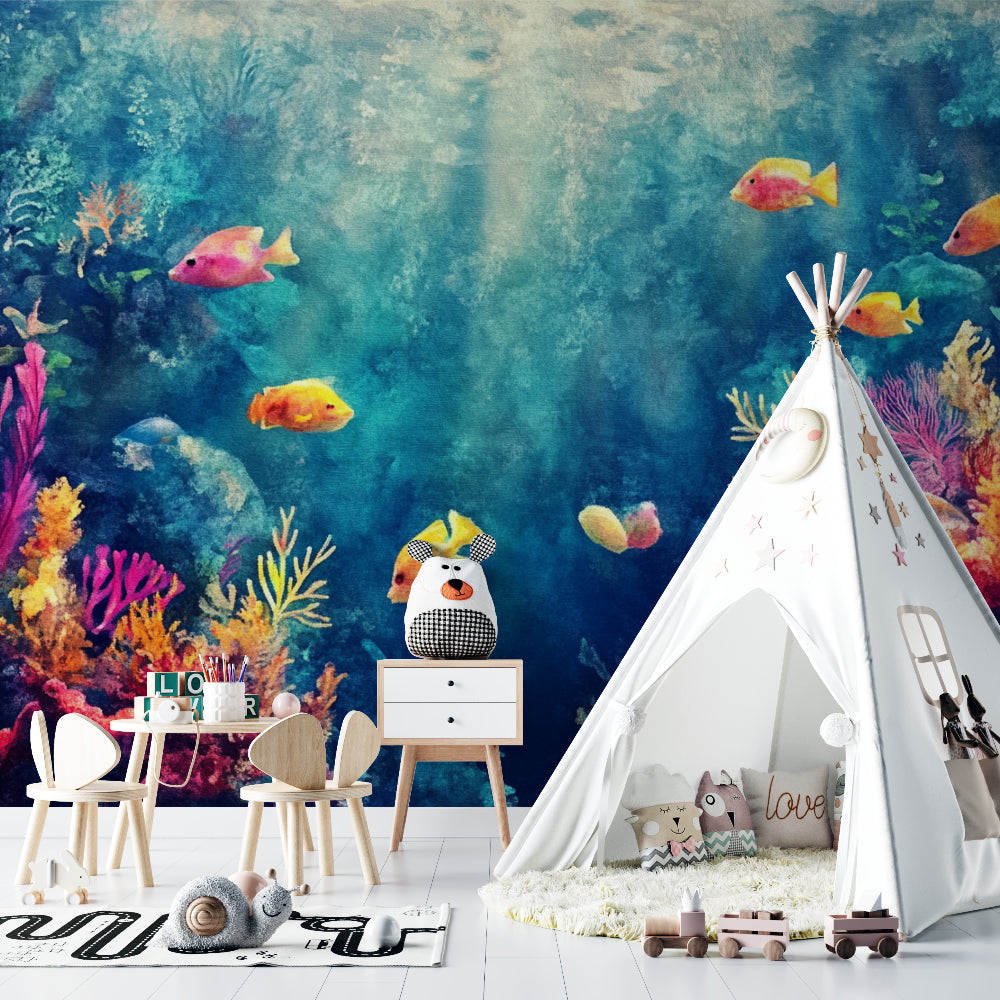 Underwater mural wallpaper bringing calm to bathroom with marine life design