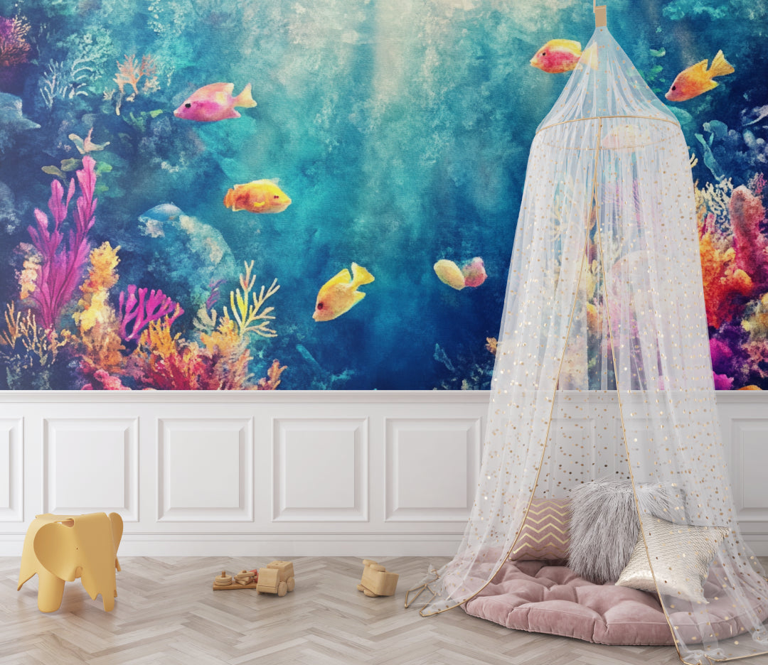 Ocean reef wallpaper transforming home office with peaceful aquatic theme