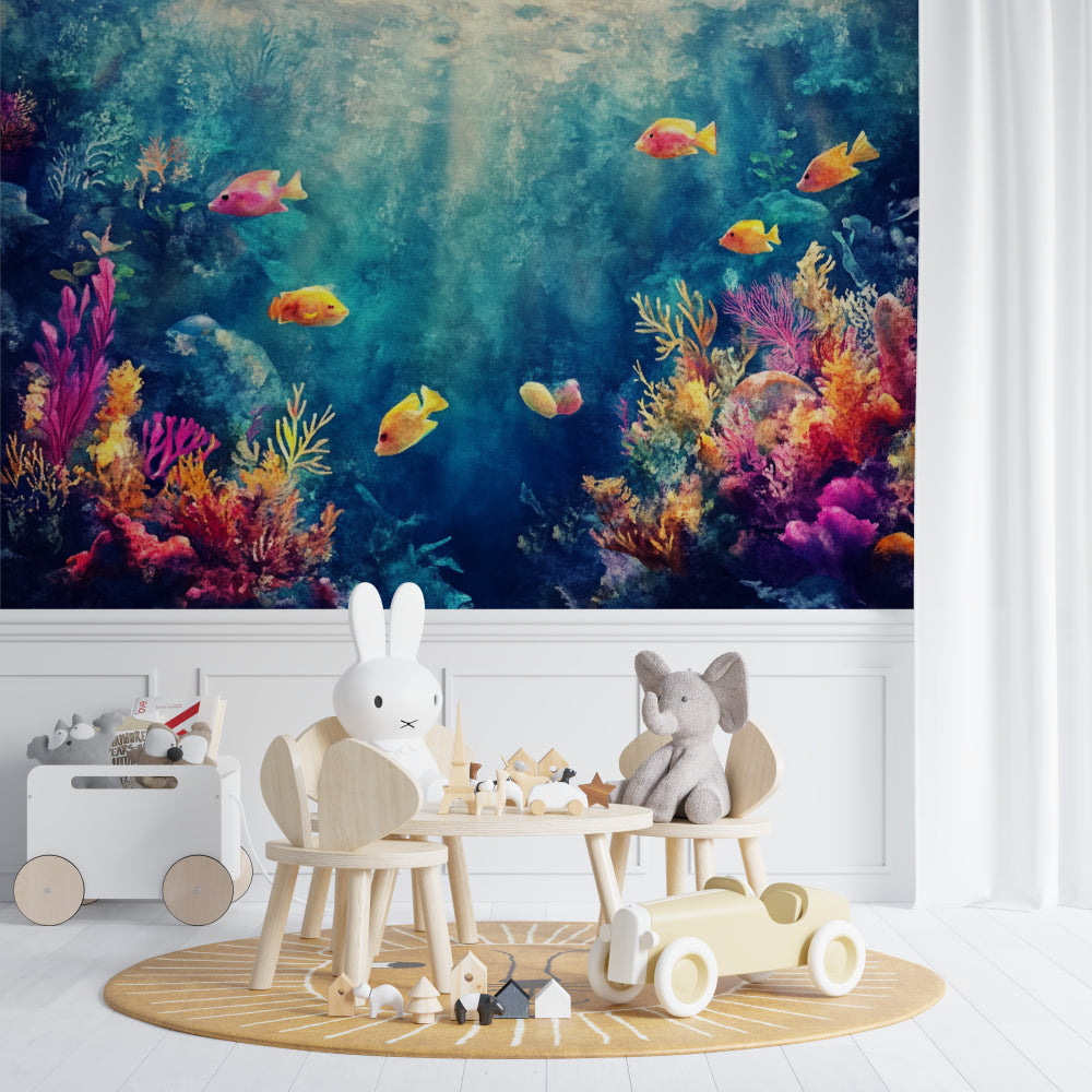 Marine life wallpaper making statement in dining room with coral reef pattern