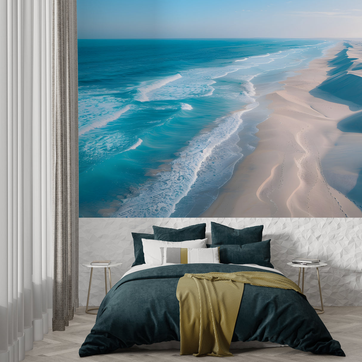 Coastal paradise wallpaper creating depth in master bedroom with natural lighting