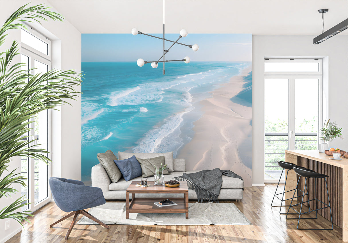 Beach view wall mural transforming home office with serene ocean scenery